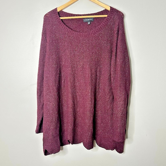 Lane Bryant Women Sweater 22 /24 Burgundy Ribbed Pullover Scalloped Hem Metallic - Picture 1 of 8